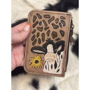 Southwestern Hand Tooled Painted Hide Leather Coin Purse Dairy Cow Sunflower